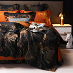 Premium black jacquard duvet set with gold copper threading in classic bedroom