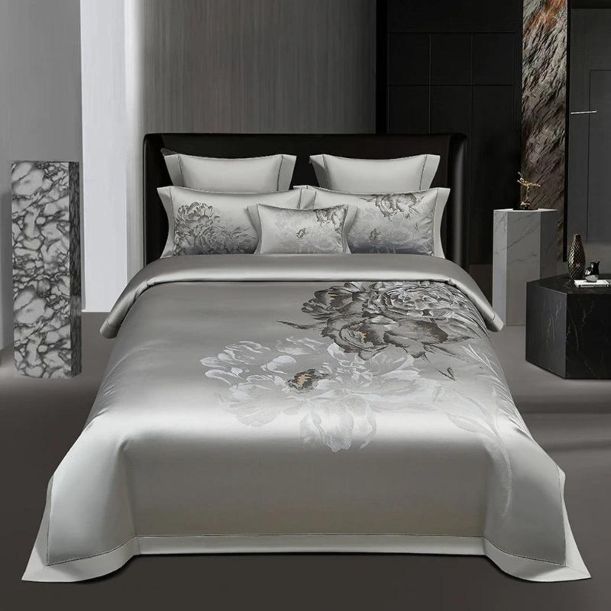 Silver grey floral jacquard bedding in satin & Egyptian cotton – luxury duvet cover set for modern bedrooms | LINKORI Silviora