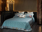 Quilted bedspread in aqua with diamond ogee and floral baroque trim, 10 piece set