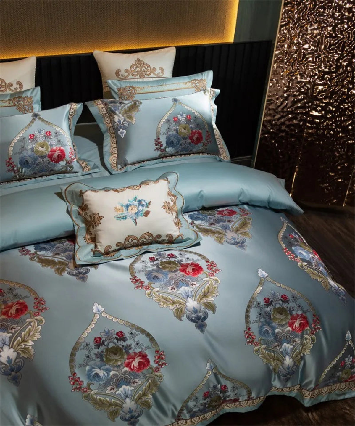 Aqua blue baroque floral medallion duvet cover set in satin jacquard, Egyptian cotton in luxury bedroom
