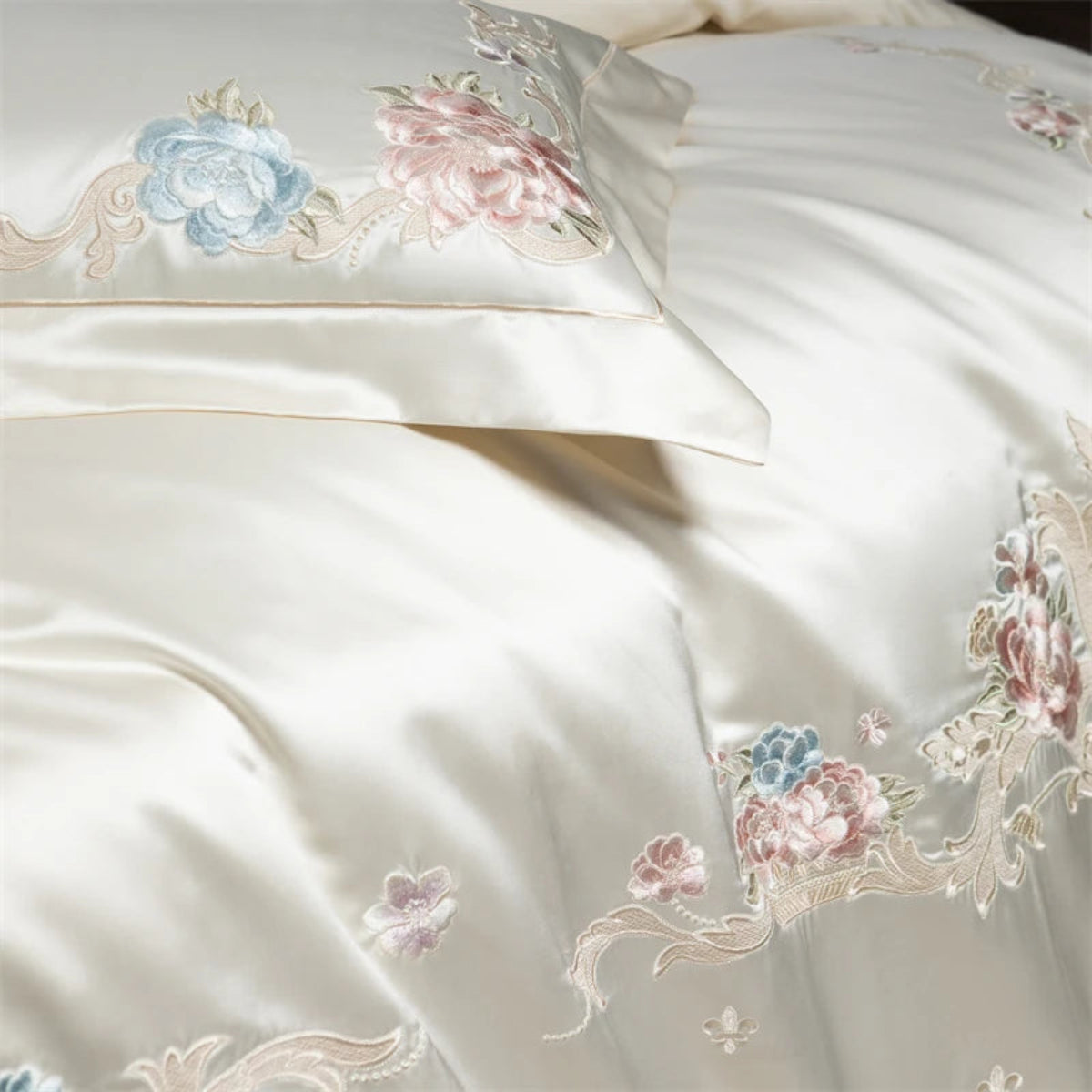 Premium cottagecore bedding collection - ivory satin duvet set with pink and blue floral embroidery design