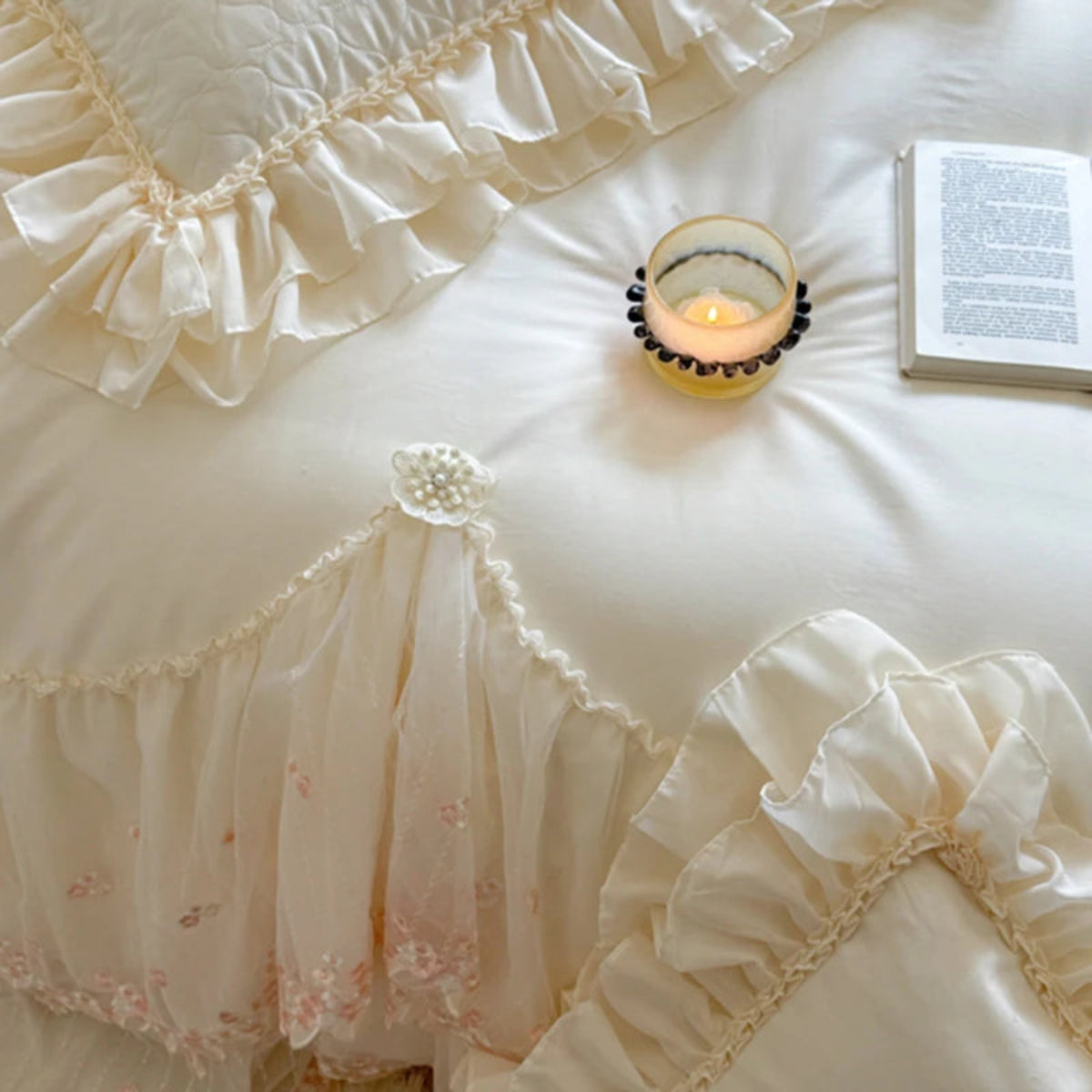 Floral lace with pearl center, white-and-pink embroidery, sheer scalloped trim — 100% cotton — modern bedroom