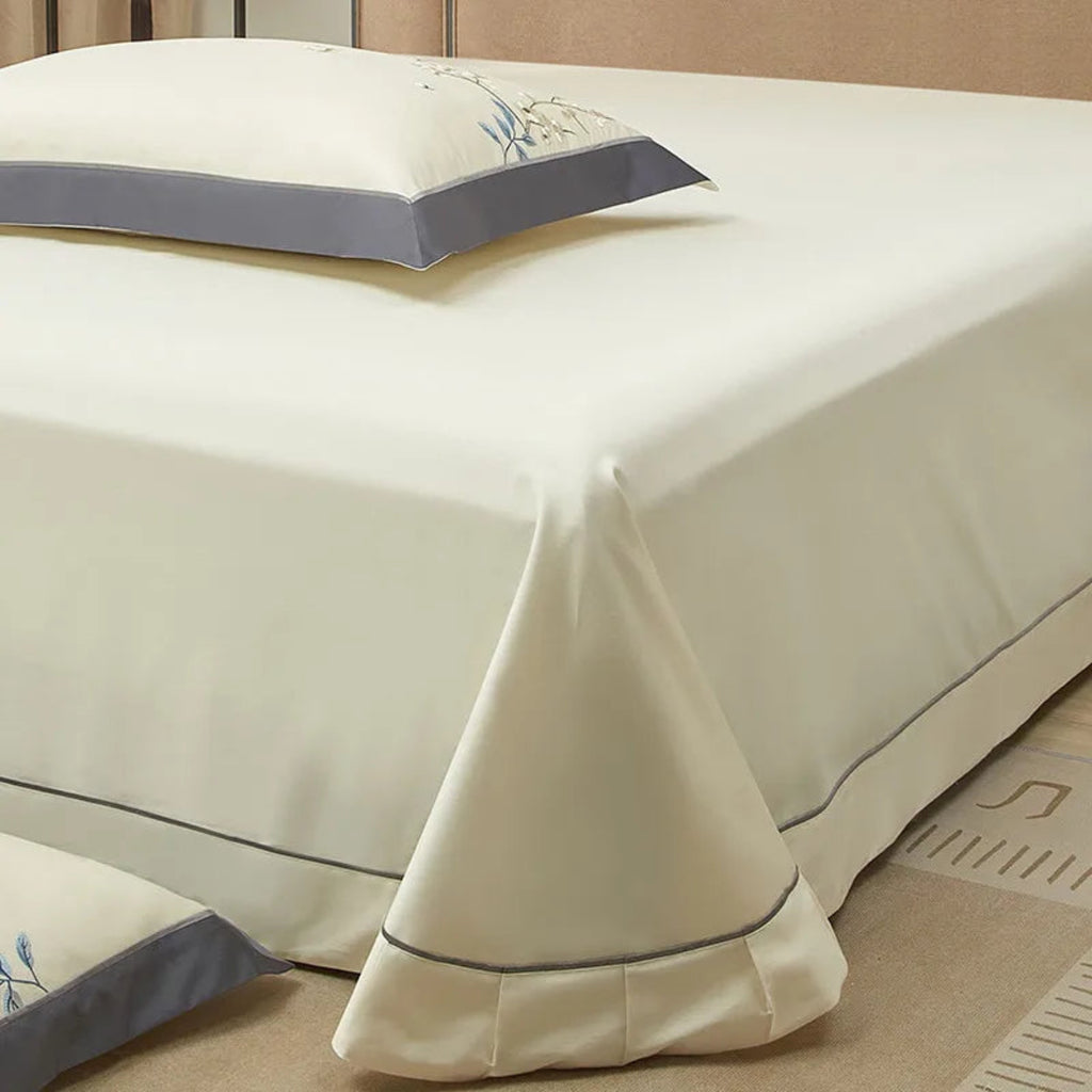 Grey and ivory embroidered floral leaf bedding – 4/7-piece Egyptian cotton duvet cover set by LINKORI