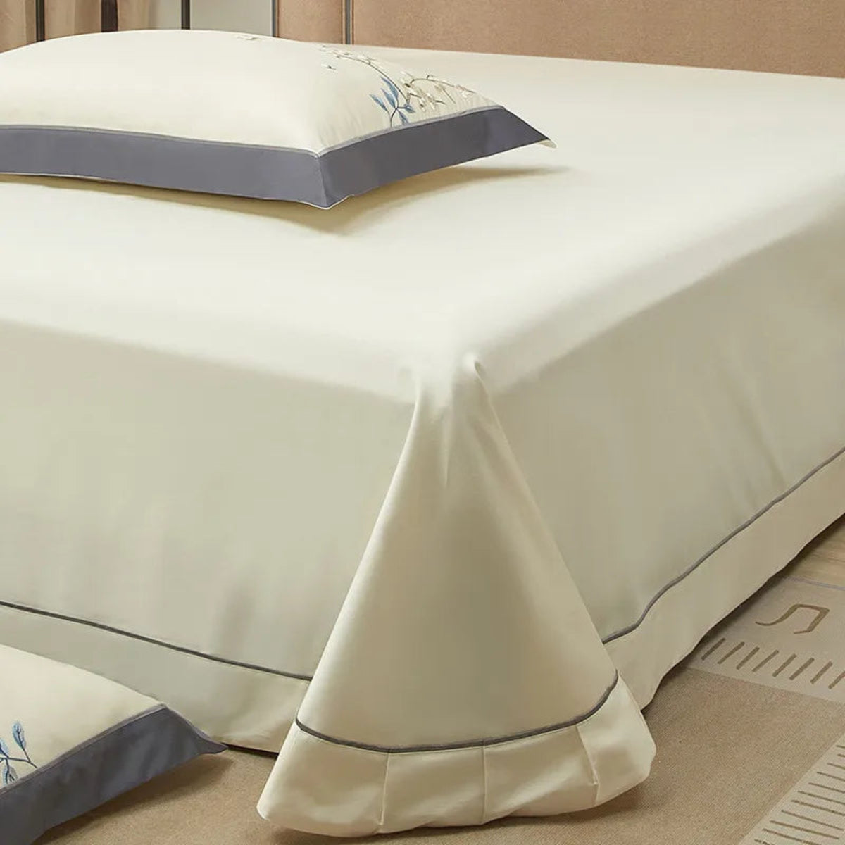 Grey and ivory embroidered floral leaf bedding – 4/7-piece Egyptian cotton duvet cover set by LINKORI