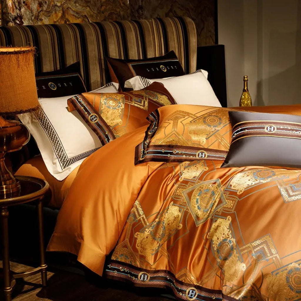 Premium burnt orange baroque duvet cover set luxury satin jacquard Egyptian cotton royal palace bedding