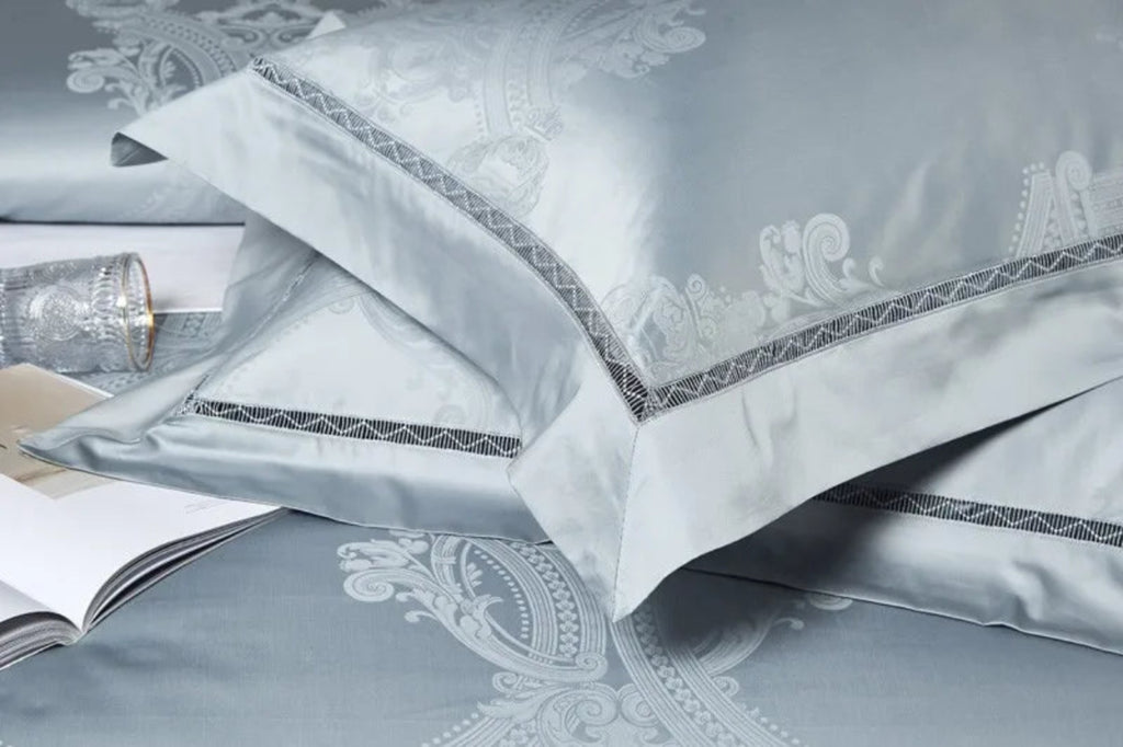 Luminas Sky Blue luxury bedding with dimensional damask patterns in 1200 thread count cotton satin