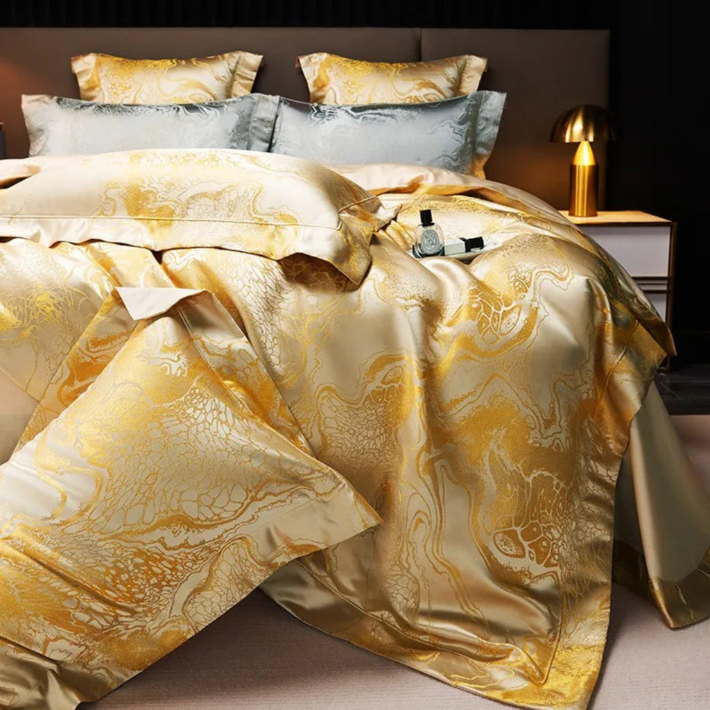Luxury gold bedding set: satin-front duvet, Egyptian cotton reverse, flat sheet included, LINKORI