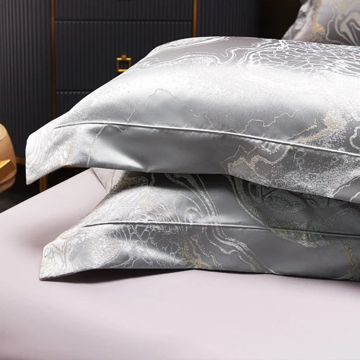 Moonlit silver jacquard duvet cover  set with intricate Oriental patterns and metallic thread detailing