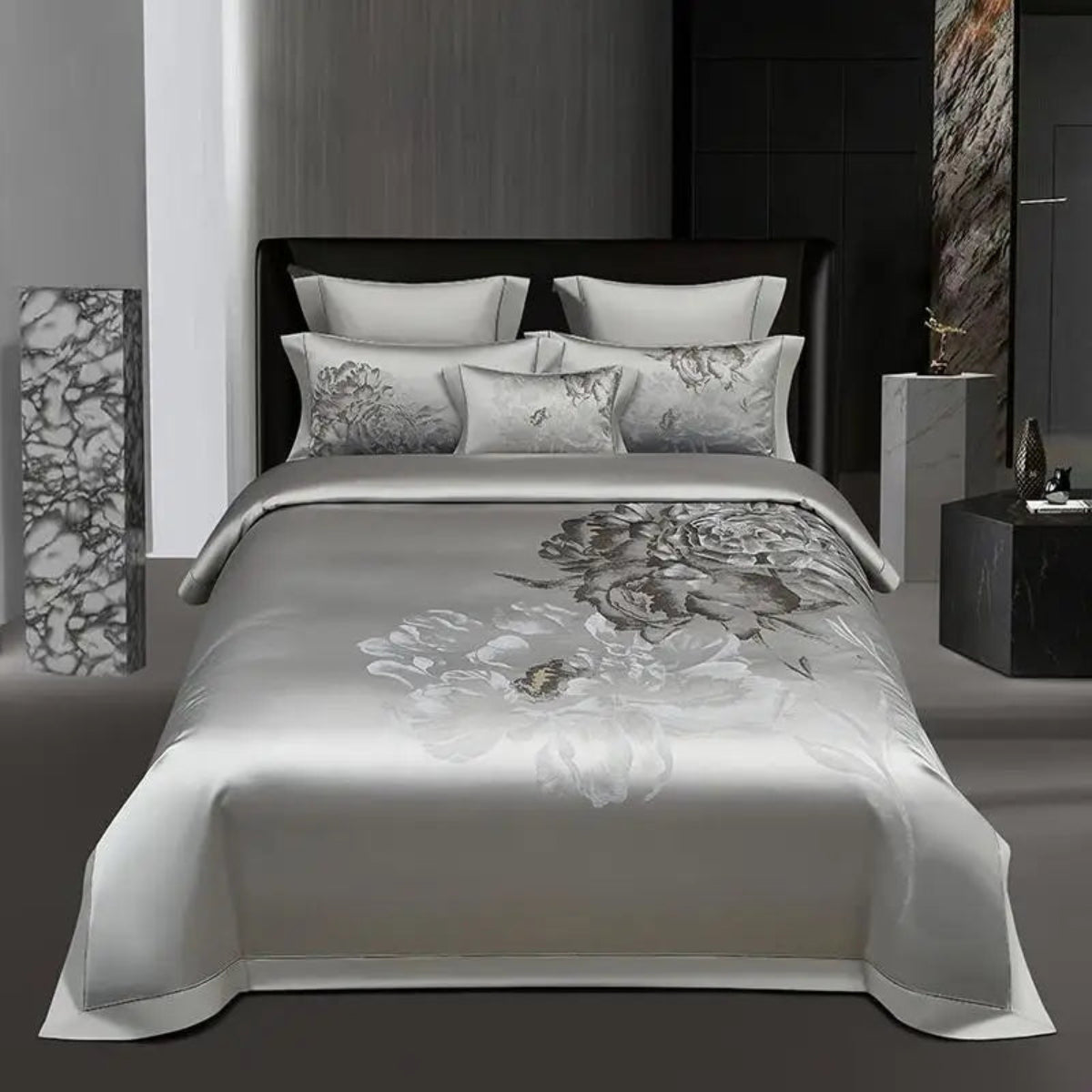 Elegant silver floral bedding set in satin & Egyptian cotton – 4/7-piece luxury duvet cover set