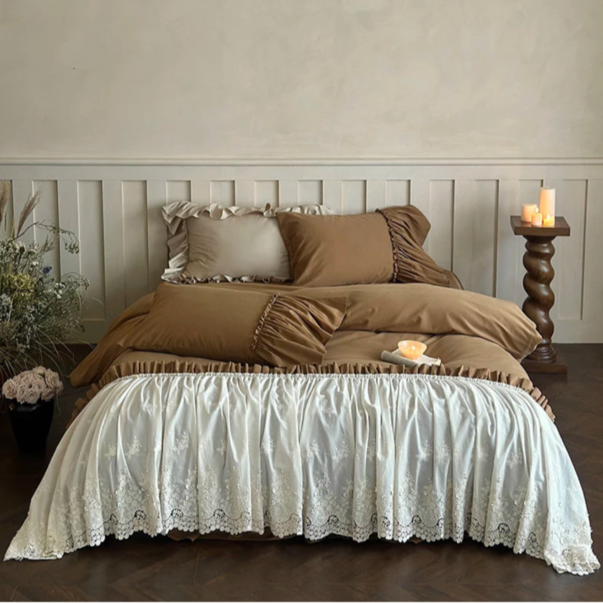 Rustic farmhouse bedroom full set with brown & ivory embroidered floral lace duvet cover, organic cotton bedding, cozy bedroom retreat style – LINKORI Florlace