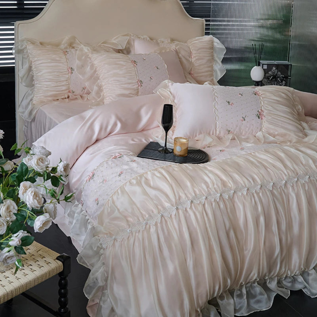Neutral bedroom full set — blush pink ruffle-lace duvet cover with heart-quilted bed skirt and 2 pillowcases, 100% cotton twill, 1000TC, shabby chic coquette style — LINKORI Rubylace Pink