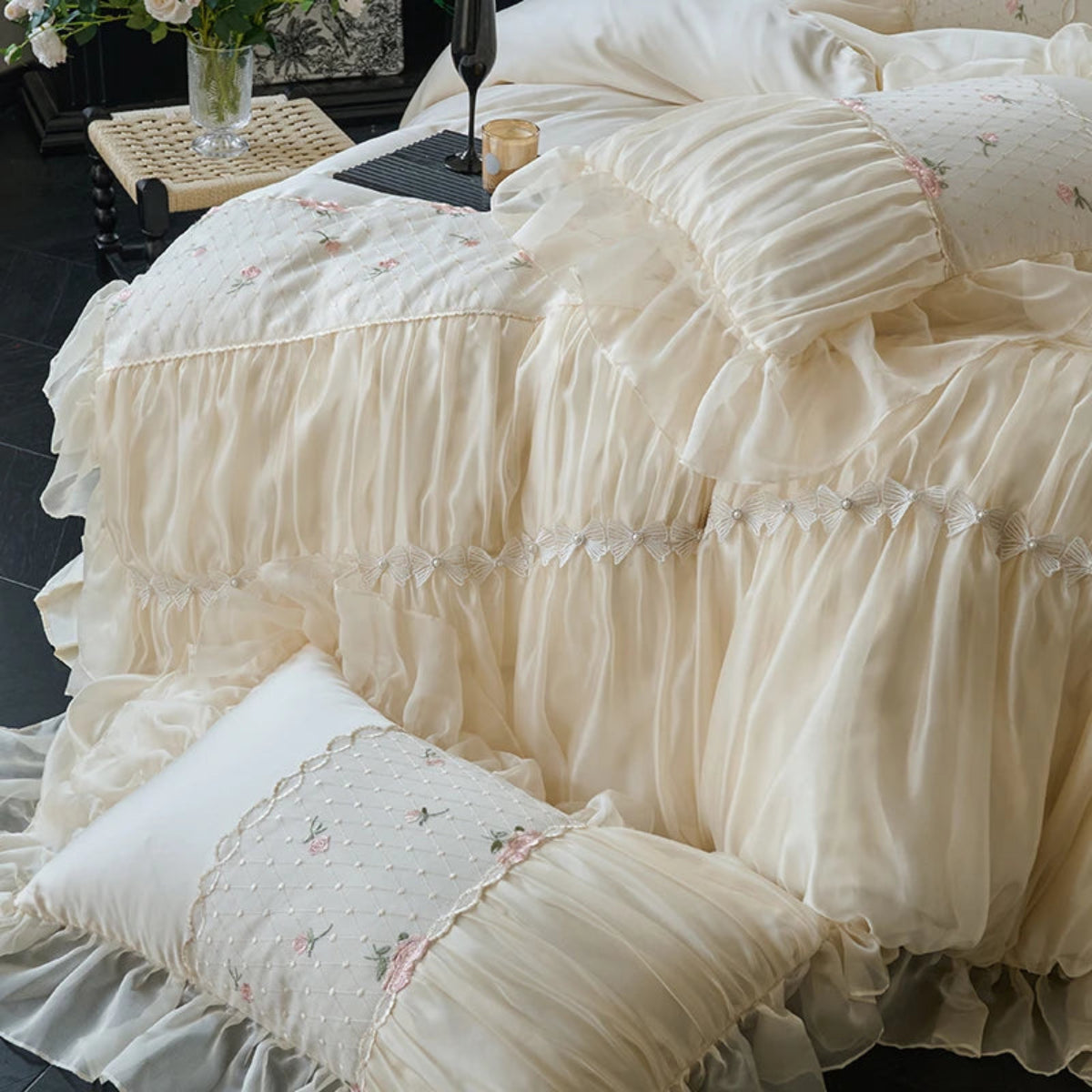 Ivory lace duvet cover and pillow shams — pleated ruffles, diamond floral embroidery, 100% cotton twill princess bedding, romantic shabby chic style, LINKORI Rubylace Ivory