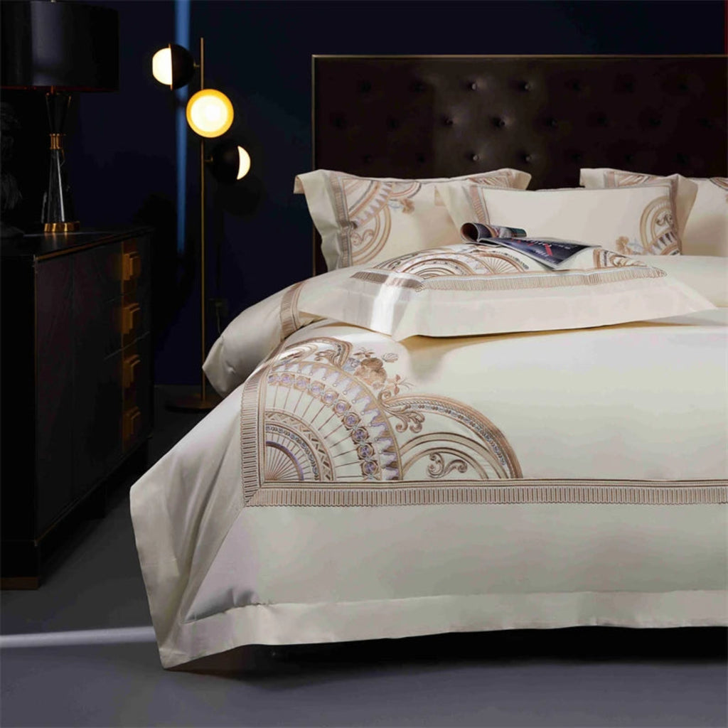 Hotel quality geometric bedding ivory background gold embroidered luxury bedroom