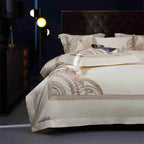 Hotel quality geometric bedding ivory background gold embroidered luxury bedroom