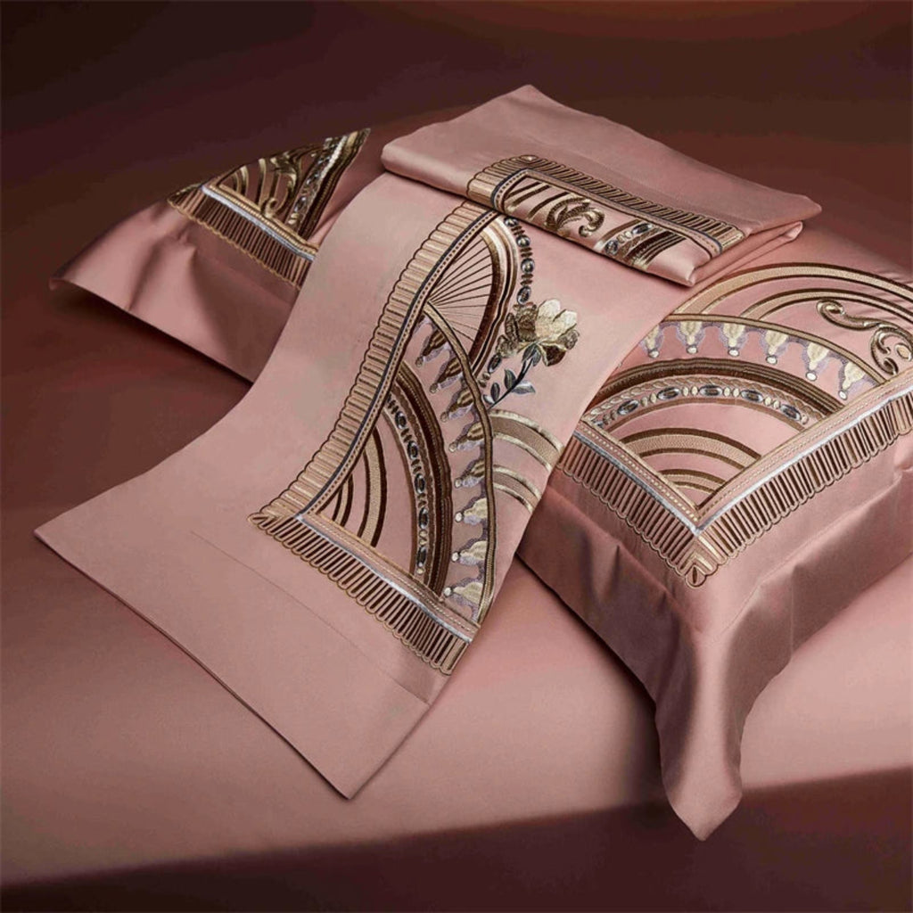 Sophisticated pink geometric bedding collection - luxury embroidered cotton duvet cover 4-piece hotel quality