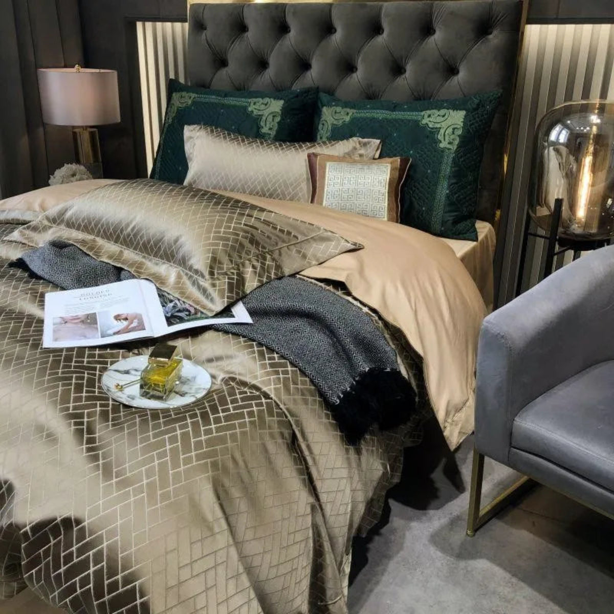 Luxury gold diamond quilted duvet cover - Egyptian cotton silky soft bedding set for elegant interiors