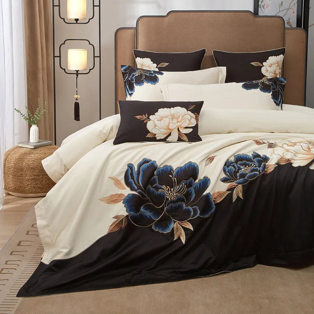 Elegant floral embroidered bedding in black & ivory with bold blue & gold design, 4-piece Egyptian cotton duvet cover set – LINKORI Luxeflower