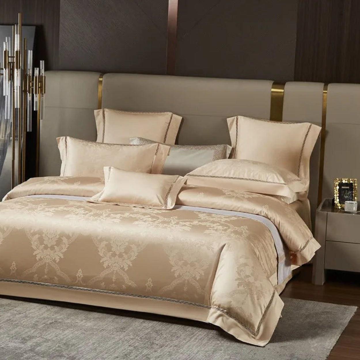 Luxury gold bedding set showcasing architectural damask motifs in modern bedroom