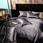 Modern bedroom styled with deep grey satin jacquard duvet cover set, paisley embossed design, and cotton blend elegance