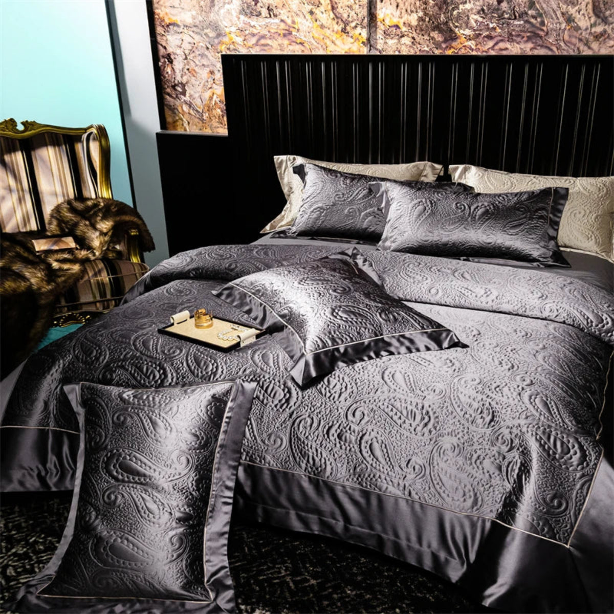 Modern bedroom styled with deep grey satin jacquard duvet cover set, paisley embossed design, and cotton blend elegance