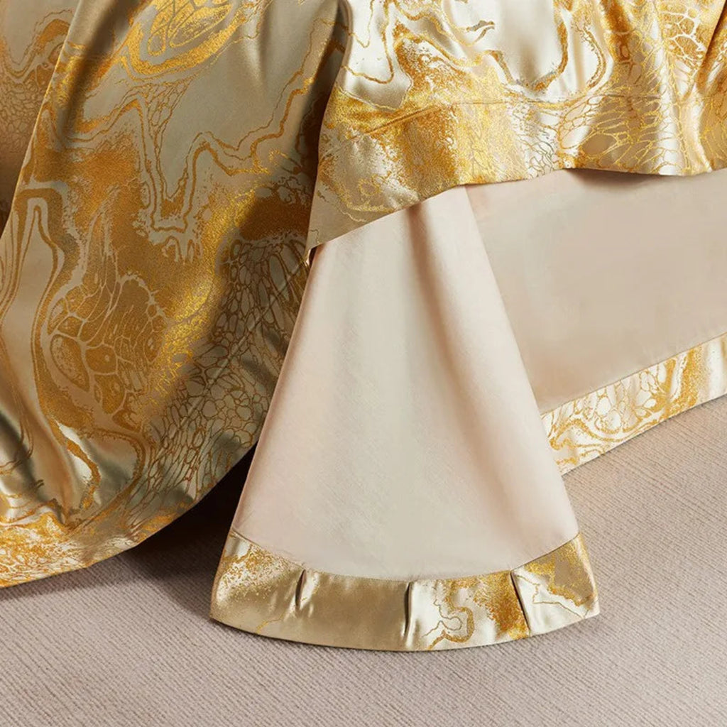 Gold satin jacquard bedding with marbled gold pattern and hotel-luxury styling, LINKORI The Royal Gold