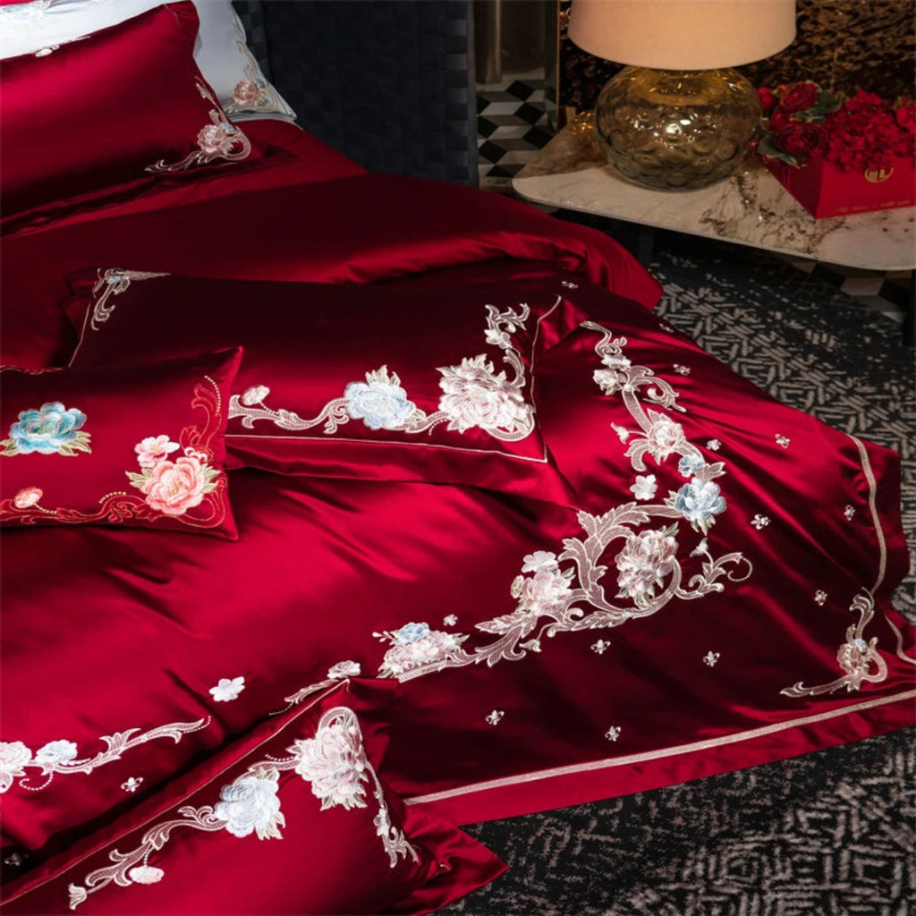 Romantic red cotton bedding set with hand-embroidered flowers - luxury satin finish queen king size