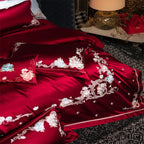 Romantic red cotton bedding set with hand-embroidered flowers - luxury satin finish queen king size