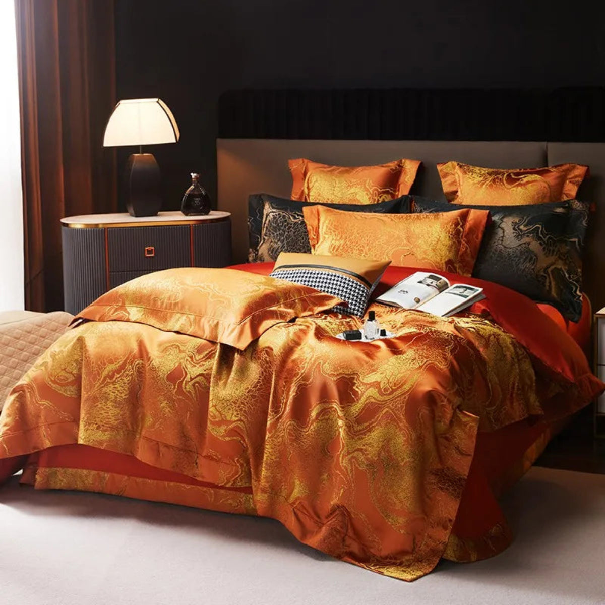 Burnt orange satin jacquard duvet cover set, gold-marble pattern, close-up texture detail — LINKORI The Royal Orange
