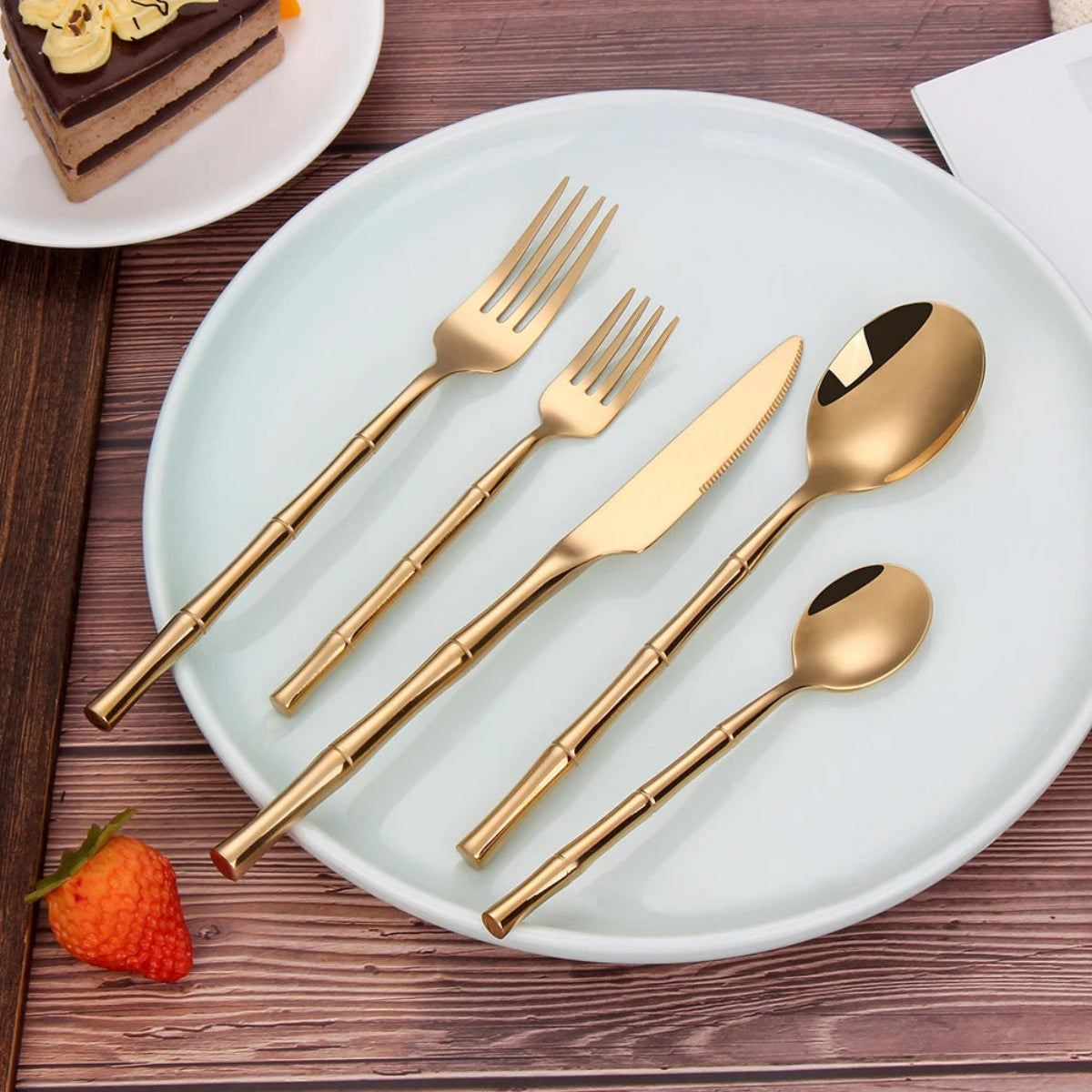 Pendo Luxury Gold Bamboo Style Stainless Steel Cutlery Set – 4 Colors, Mirror Polished, Durable & Elegant Flatware + FREE Gift! - LINKORI