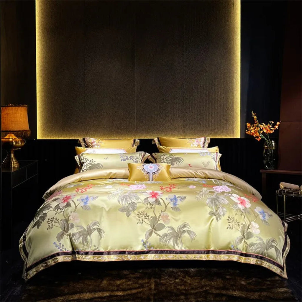 Luxury Gold Floral Satin Jacquard Bedding – 100% Egyptian Cotton Duvet Cover Set for Classic bedroom