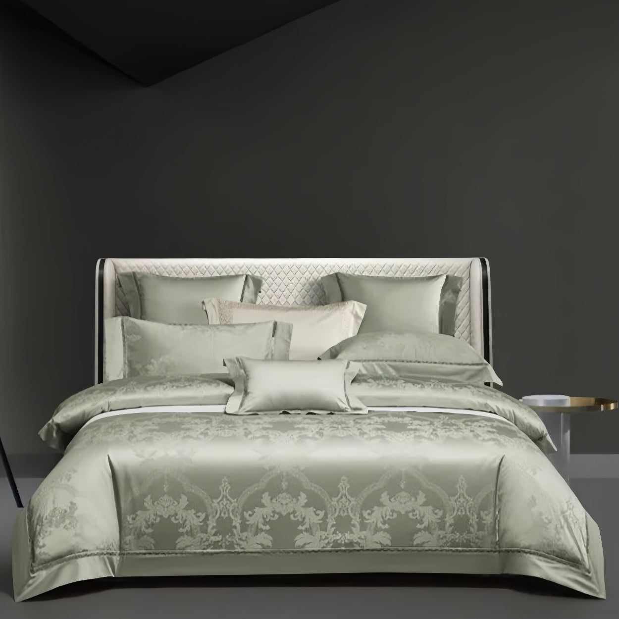 Sage Green Damask Jacquard Duvet Cover Set for modern luxury bedrooms