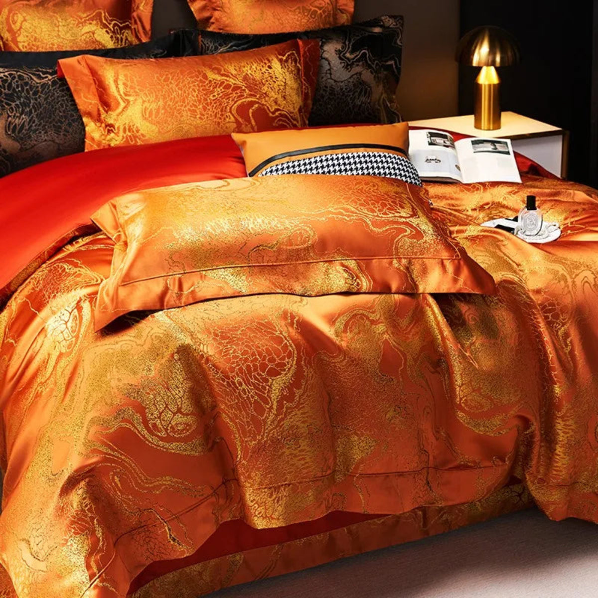 Burnt orange silk-feel jacquard duvet, dragon-scale inspired gold threading, full bed styling — LINKORI The Royal Orange