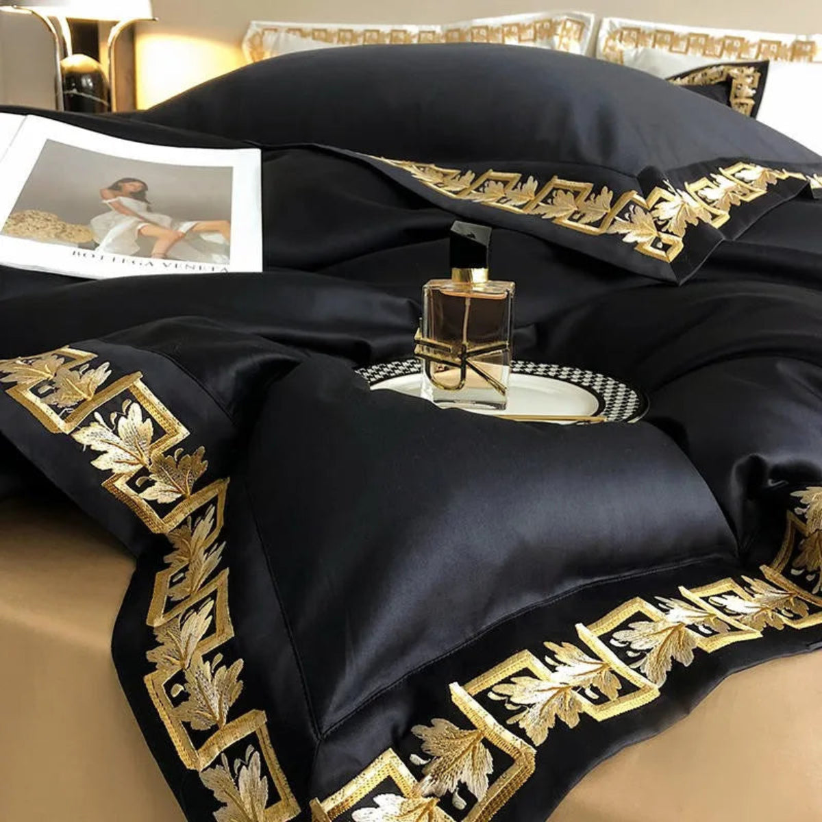 black & gold embroidered bedding set, leaf design on Egyptian cotton
