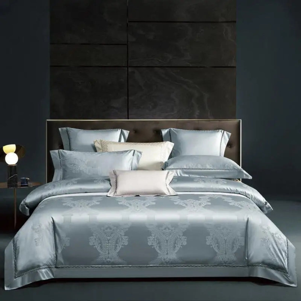 Sky blue damask jacquard duvet cover set with Egyptian cotton satin in modern luxury bedroom 