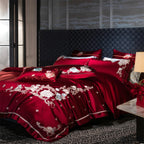 Premium red satin duvet cover featuring artistic rose embroidery design for sophisticated home decor