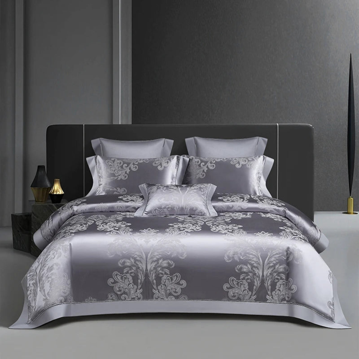 Florad Grey collection luxury bedding with dimensional baroque patterns in 1000 thread count cotton satin