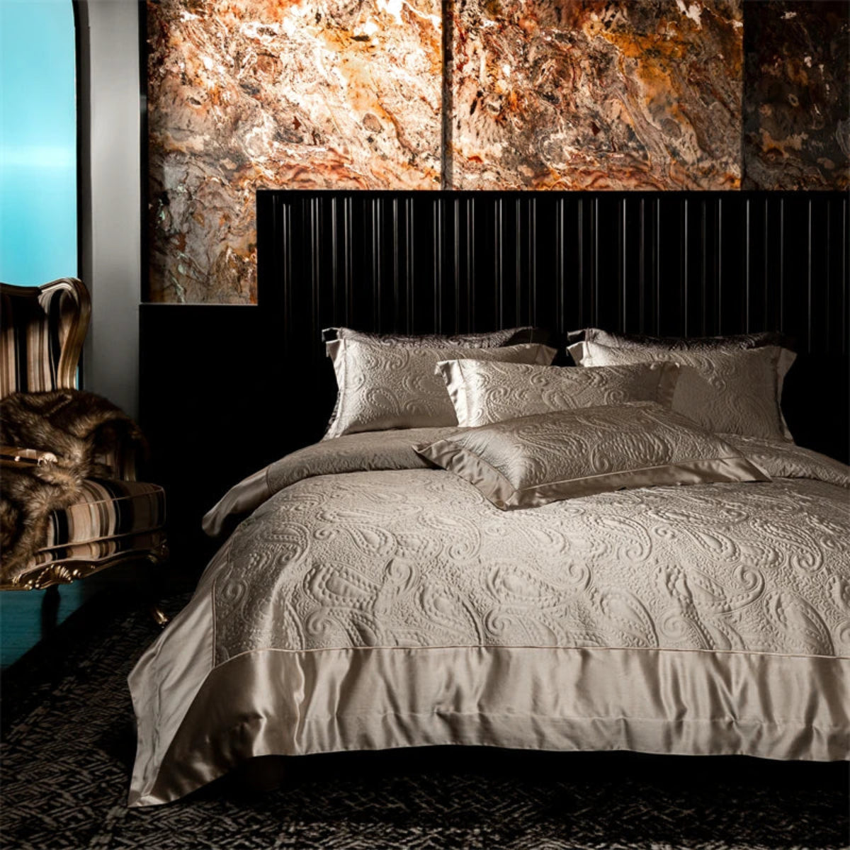 Golden beige satin duvet cover set with paisley pattern for luxury modern bedrooms