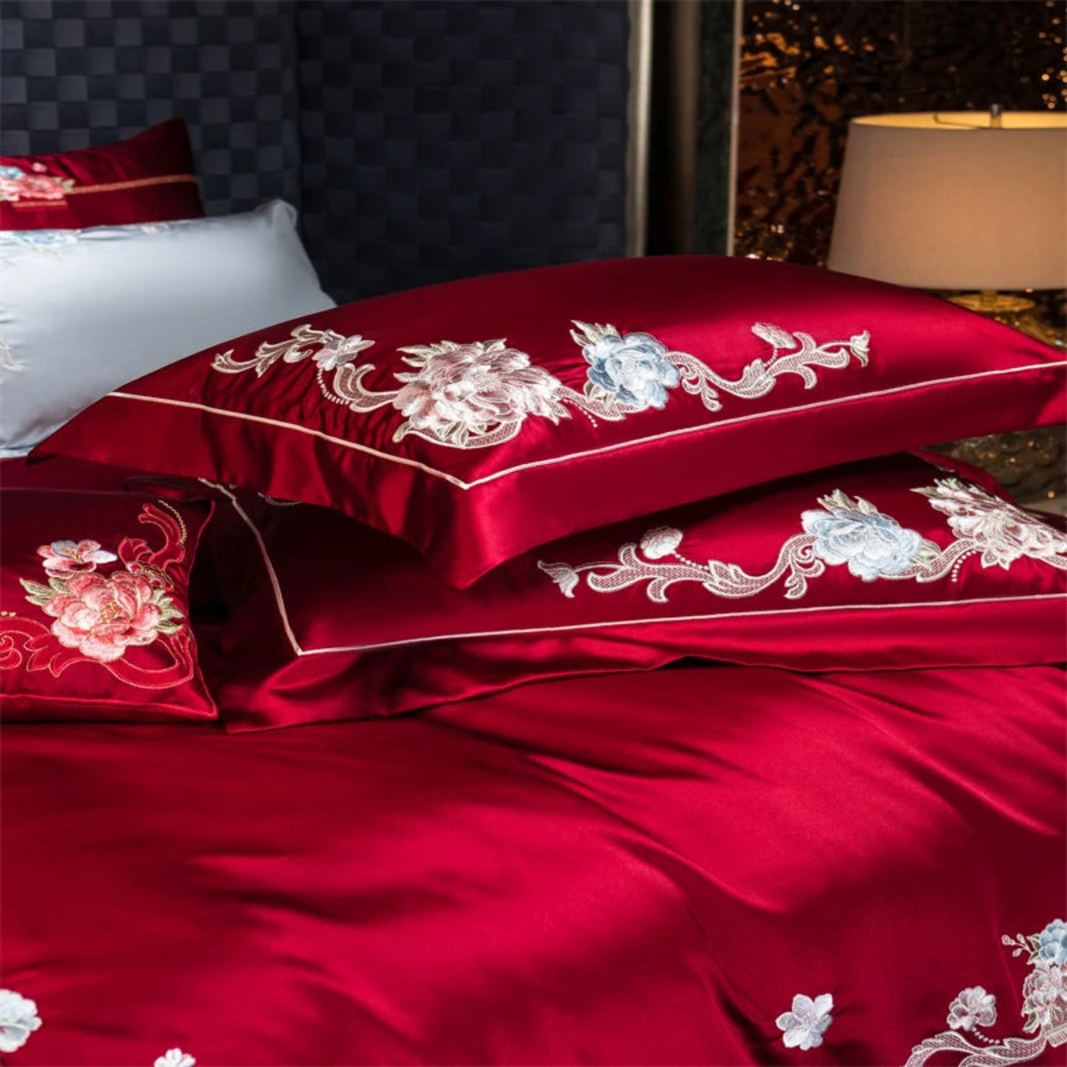 High-quality red cotton duvet cover with vintage-inspired floral embroidery for romantic cottagecore style