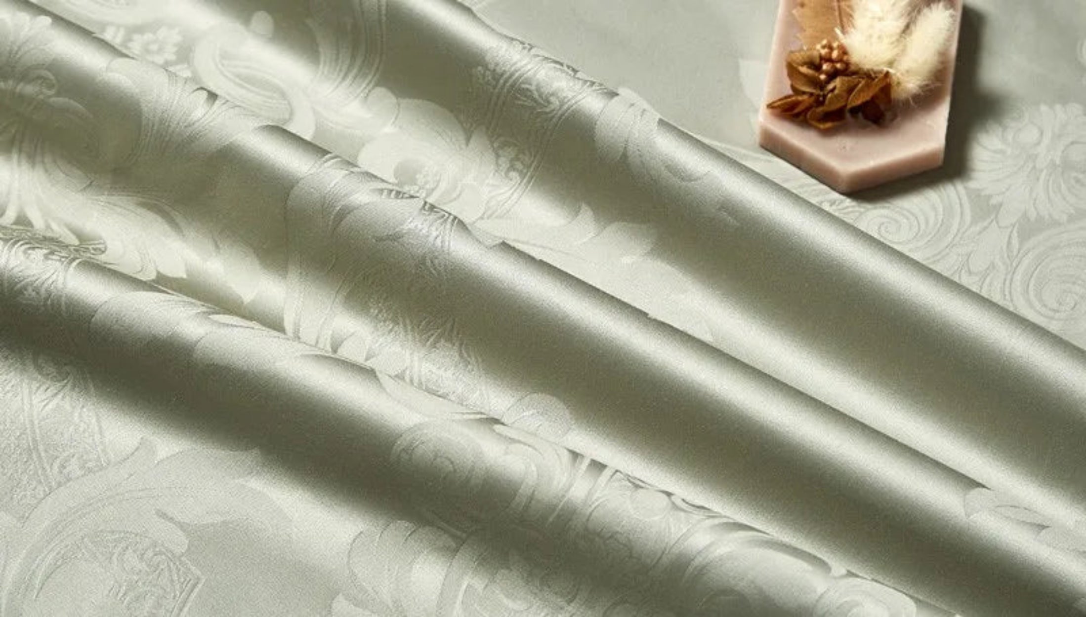 Ultra-luxury cotton satin duvet cover in sage green damask for boutique hotel bedroom and upscale guest room design