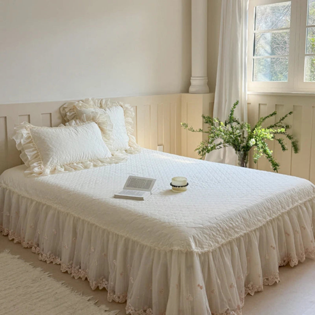 Heart-quilted bedspread, tiered ruffled skirt, embroidered-floral lace hem — 100% cotton — bedspread shot, princess bedroom