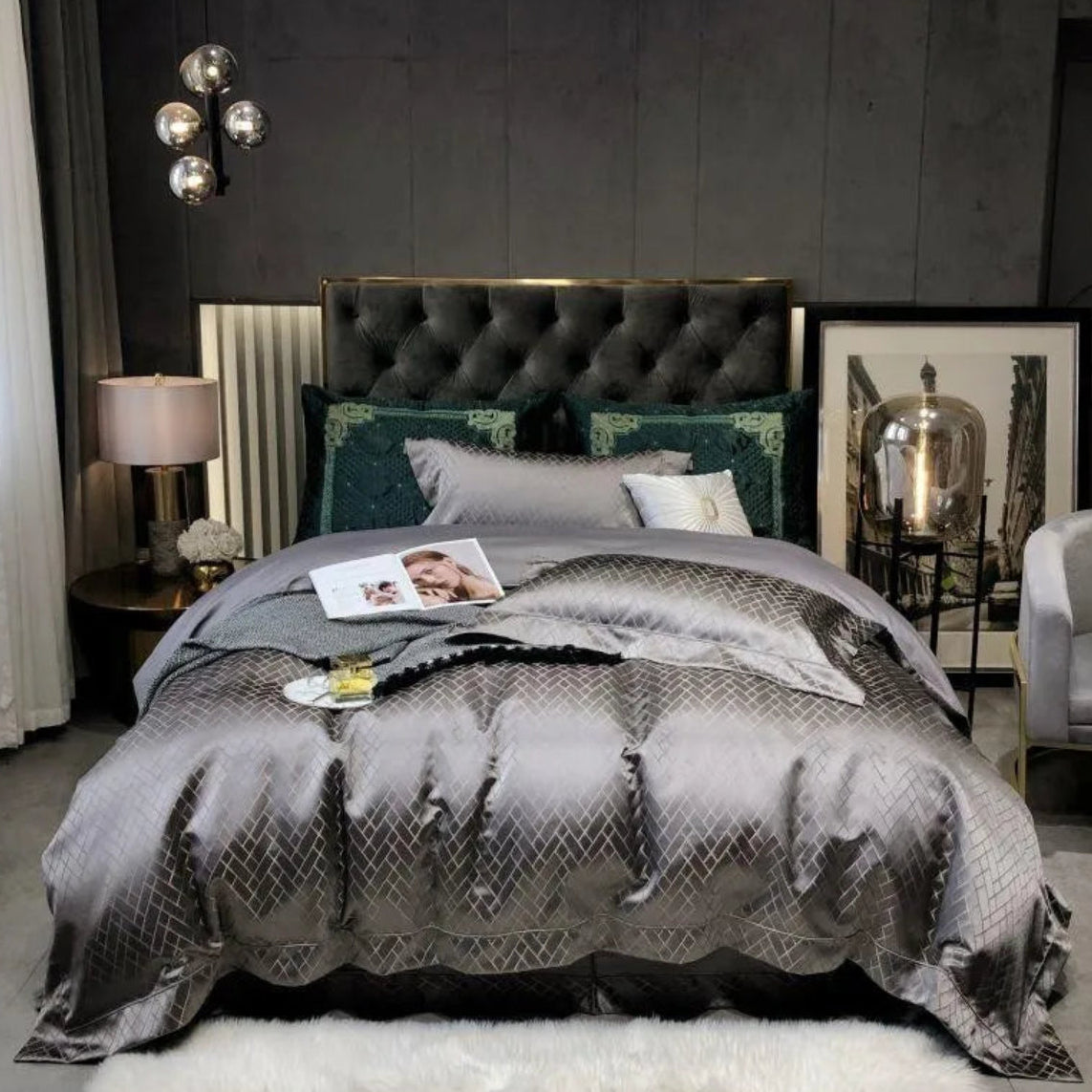 Luxury grey geometric duvet cover set Egyptian cotton 4 piece bedding modern sophisticated bedroom