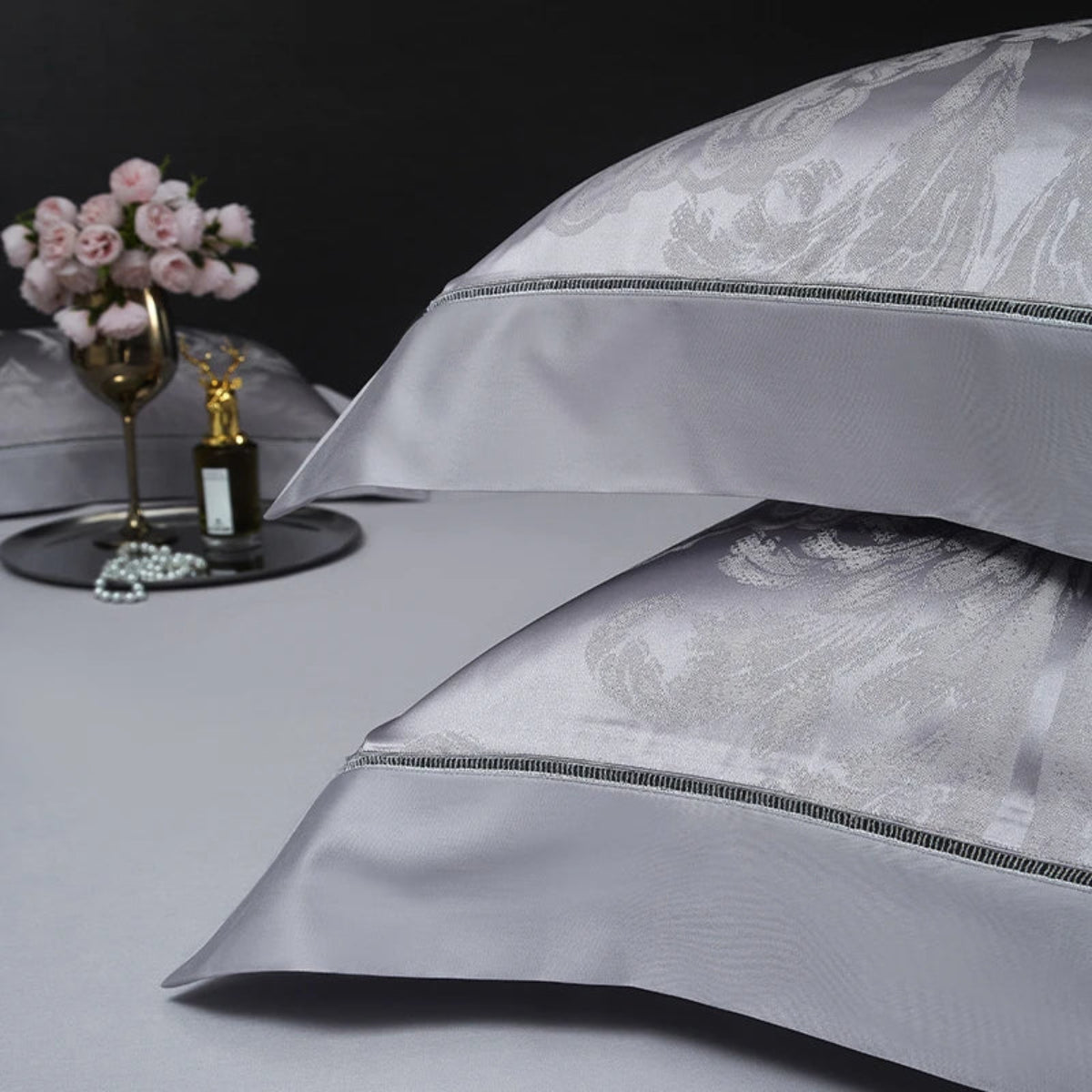 Luxury lavender grey bedding set showcasing baroque damask motifs in lustrous Egyptian cotton satin