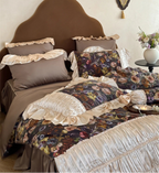 Elegant bedroom full set, ivory shimmer ruffled lace bedding with dark floral duvet cover – LINKORI Roselace