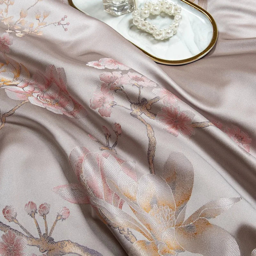 Luxury mauve duvet cover set with delicate floral jacquard Egyptian cotton bedding