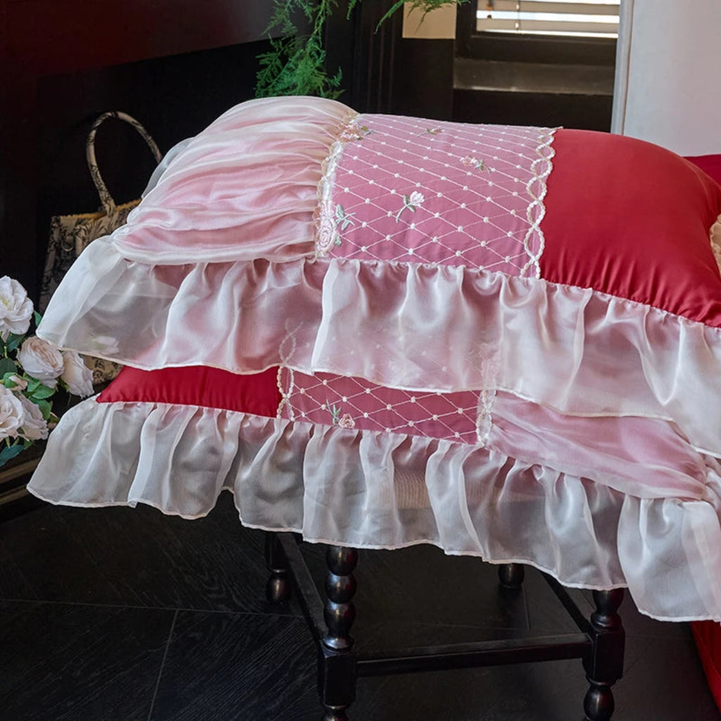 Lace-trim pillowcases | rose-floral motifs | red & white ruffle-lace finish | part of 4-piece set (2 pillowcases) | shabby-chic/coquette bedroom | LINKORI Rubylace Red