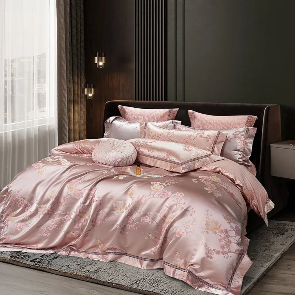 Premium Egyptian cotton satin bedding blush pink floral pattern duvet cover luxury set