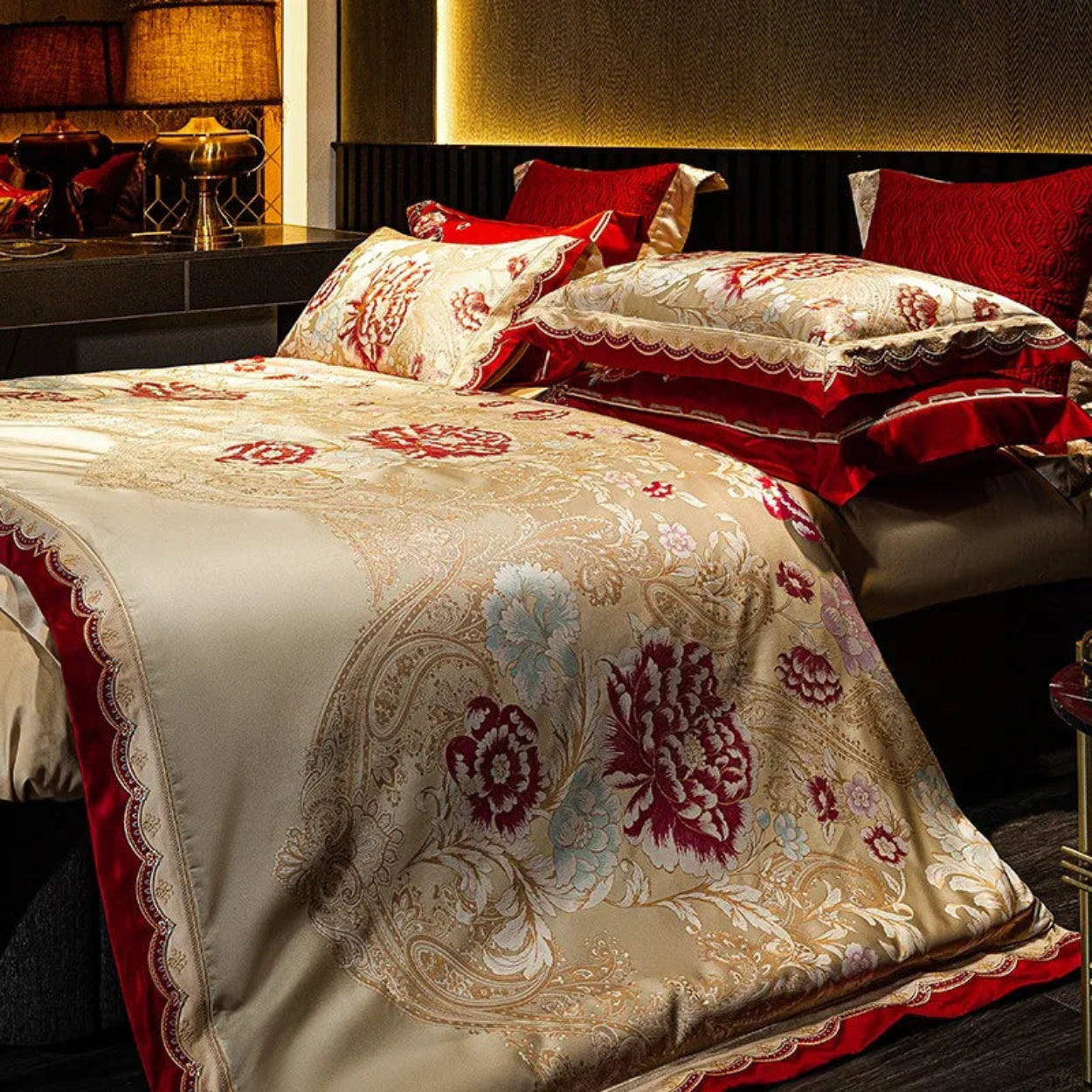 Ivory red floral embroidered duvet cover set in 600TC Egyptian cotton satin, luxury romantic bedding
