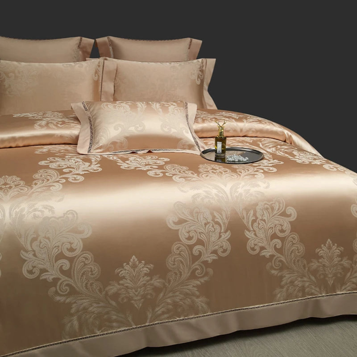 Hotel-quality blush gold duvet cover set in 1000 thread count satin with Damask design — LINKORI luxury bedding.