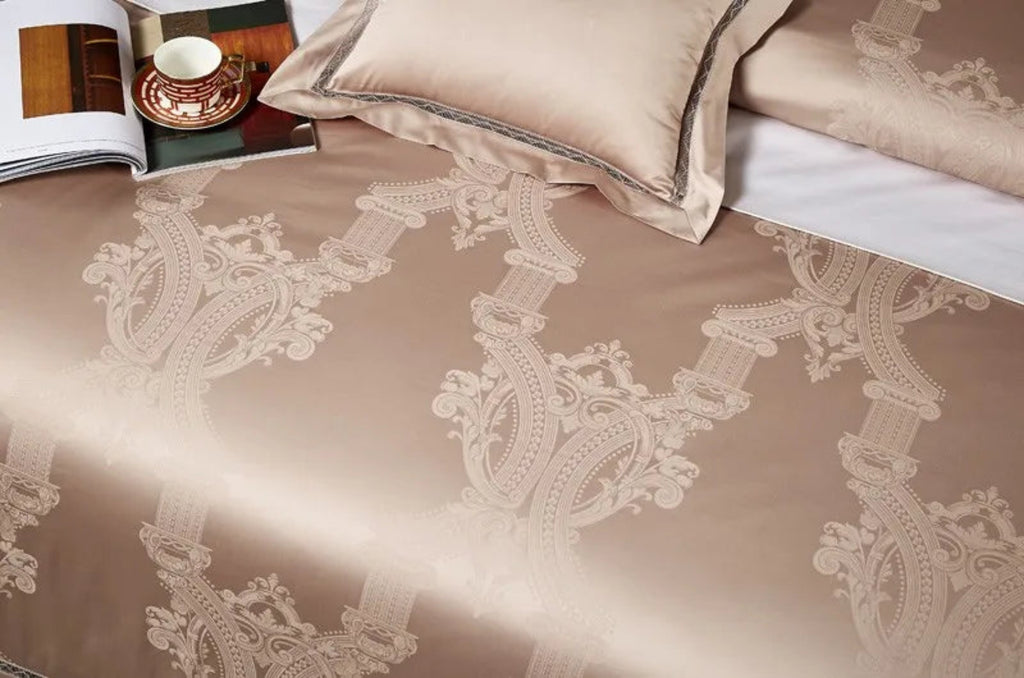 Designer damask jacquard duvet cover in champagne beige cotton satin with European luxury bedroom design