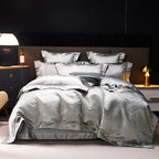 Royal Silver collection duvet cover displaying Asian-inspired imperial dragon motifs in modern luxury bedroom